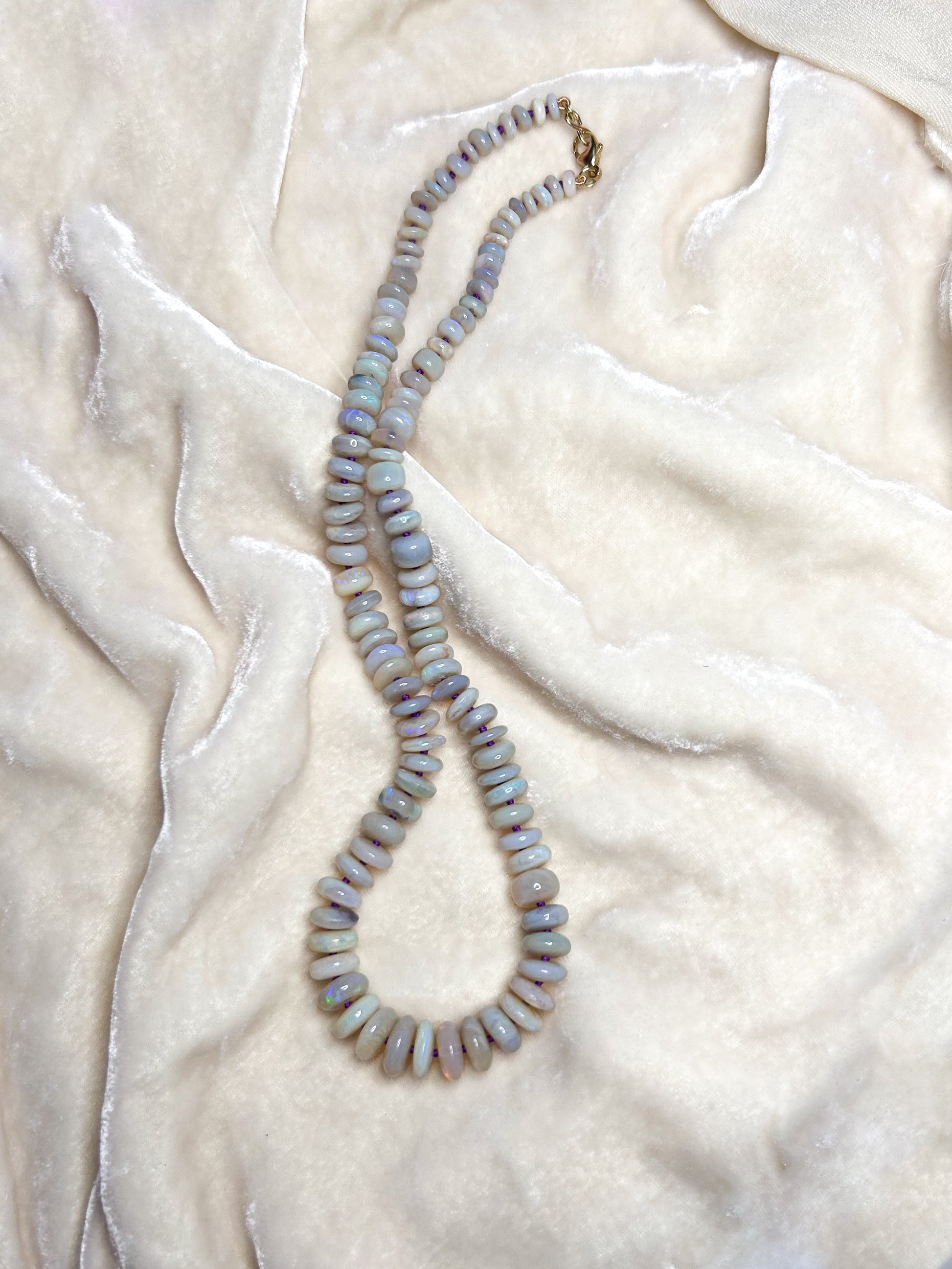 handcrafted Australian Opal knotted candy necklace with 14k gold