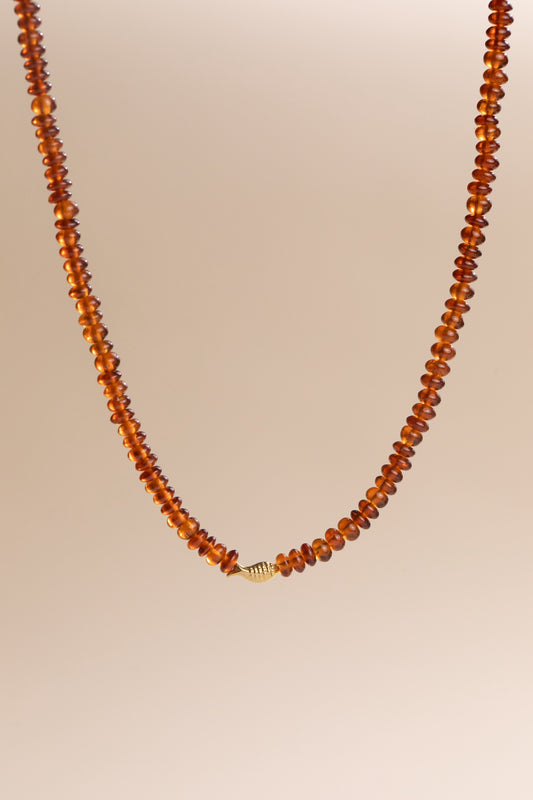 Hessonite Garnet Worry Fish Necklace 14k 17.25 inch, handmade by Brittany Myra Jewelry