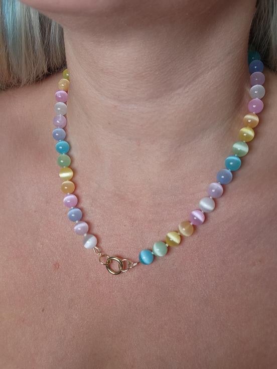 Cat's Eye Knotted Bead Necklace with 14k Open Loops