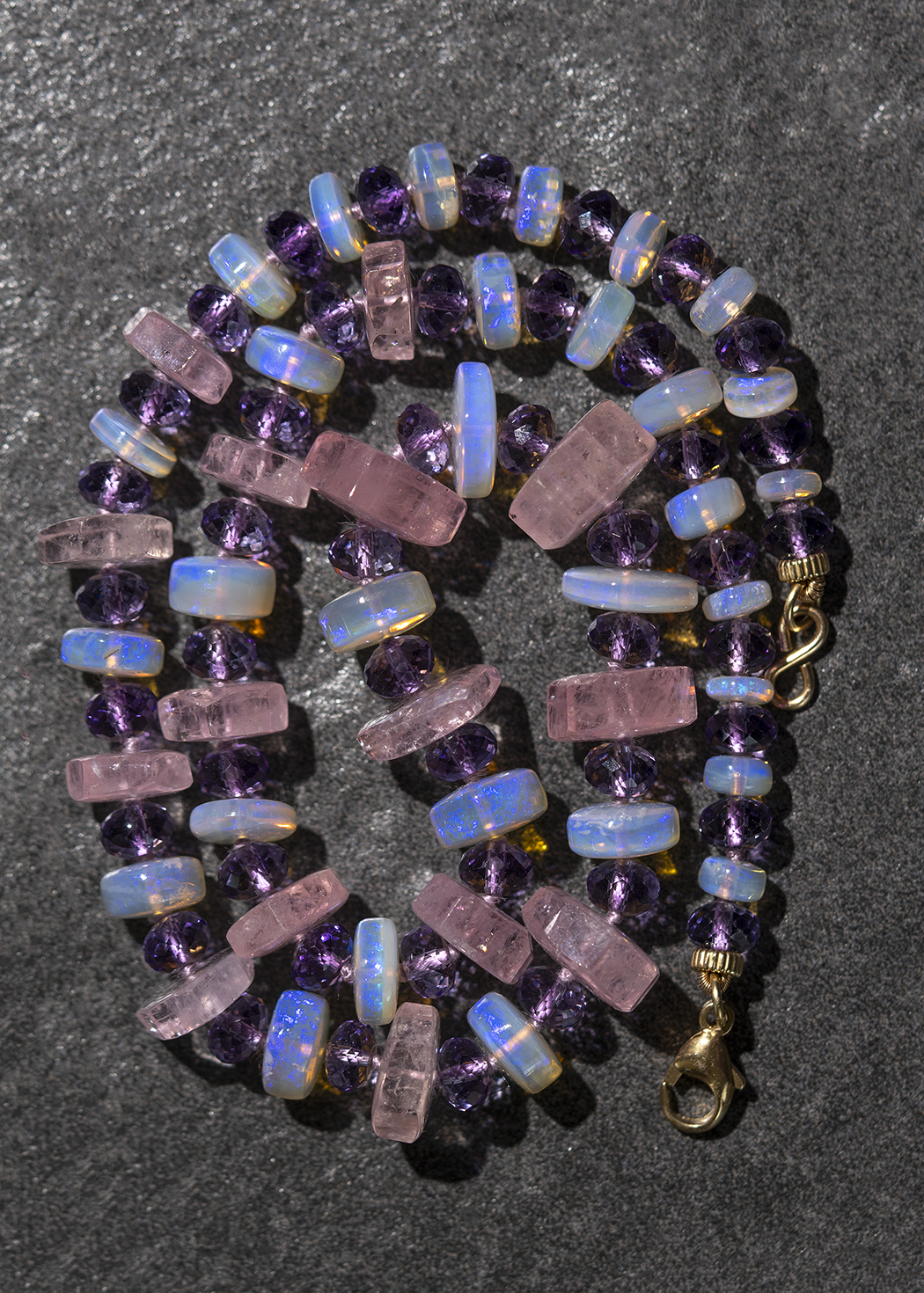 Crystal Opal, Amethyst, Morganite Beaded Necklace 14k Gold