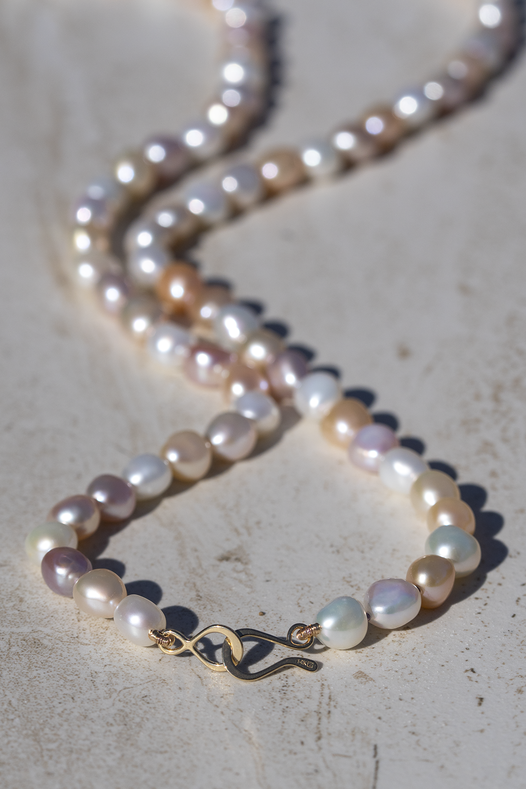  14k Long Tri Color Freshwater Pearls 34" Knotted Necklace