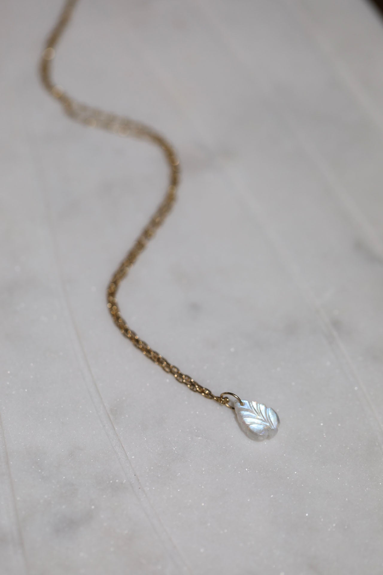 Bright Moonstone Carved Leaf Charm 14k