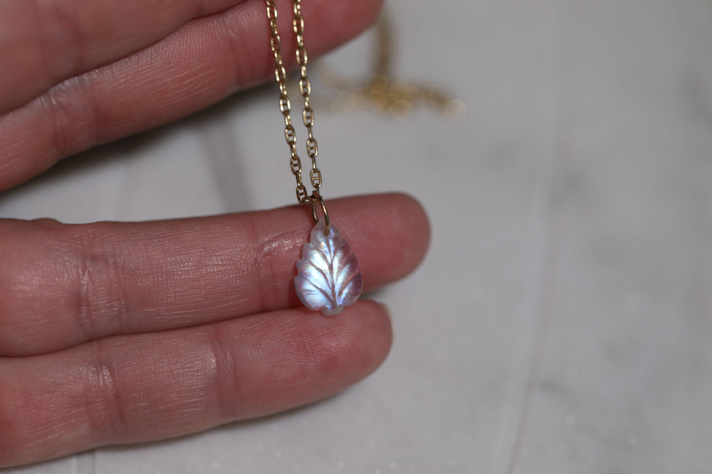 Bright Moonstone Carved Leaf Charm 14k