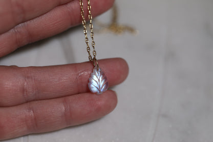 Bright Moonstone Carved Leaf Charm 14k