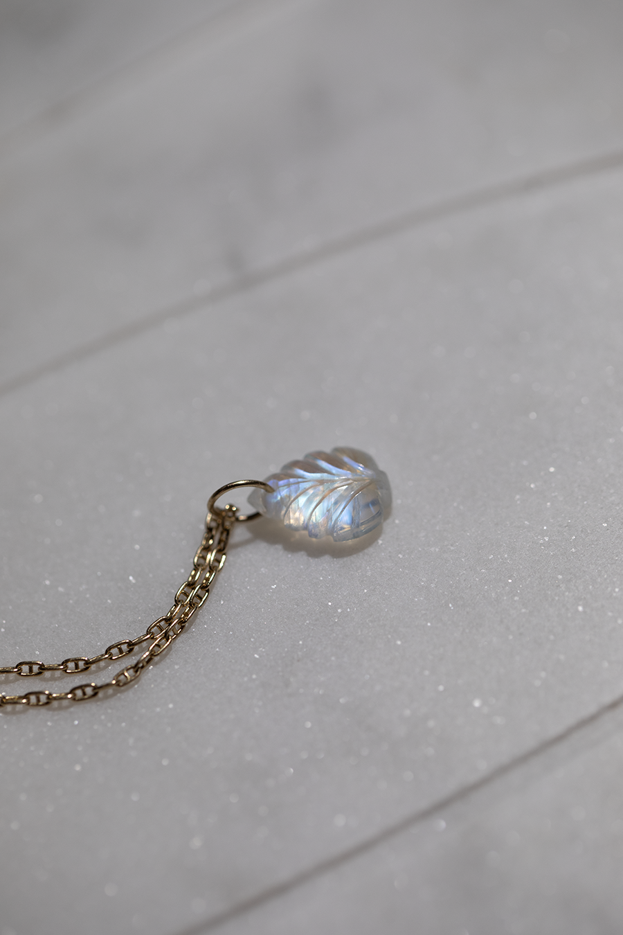 Bright Moonstone Carved Leaf Charm 14k
