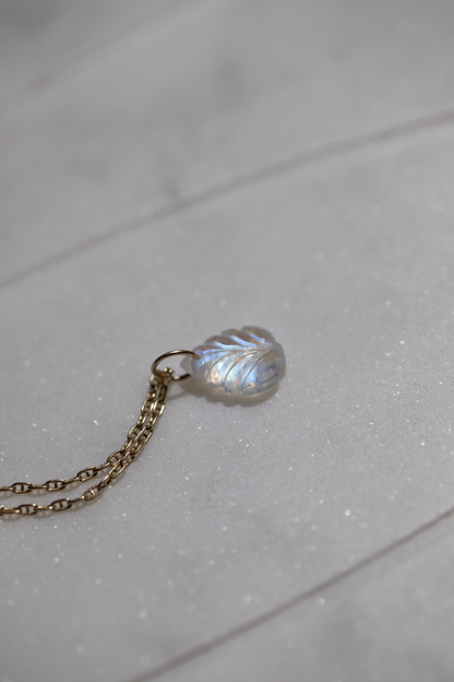Bright Moonstone Carved Leaf Charm 14k