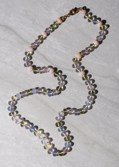 multi gemstone knotted necklace 14k solid gold rose quartz lemon quartz lavender quartz
