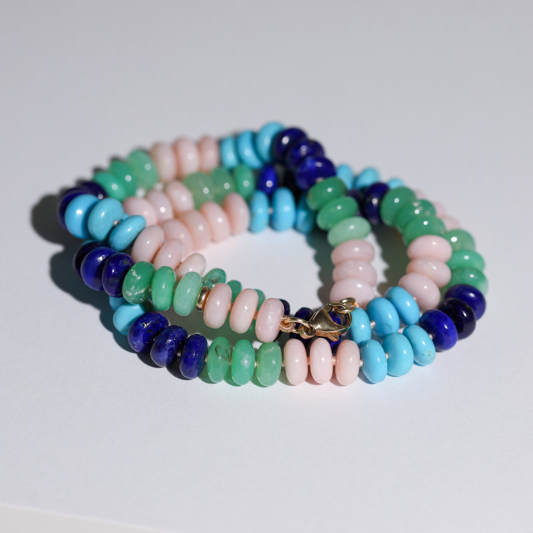 Mixed Gemstone Strand (Pink Opal, Lapis, Turquoise, Chrysoprase) in 14k Gold, a close look at the stones