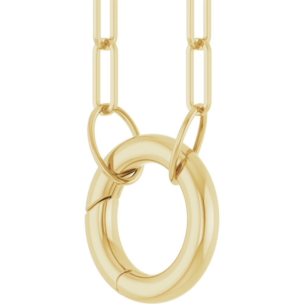 Gold necklace with a large round charm holder on a white background