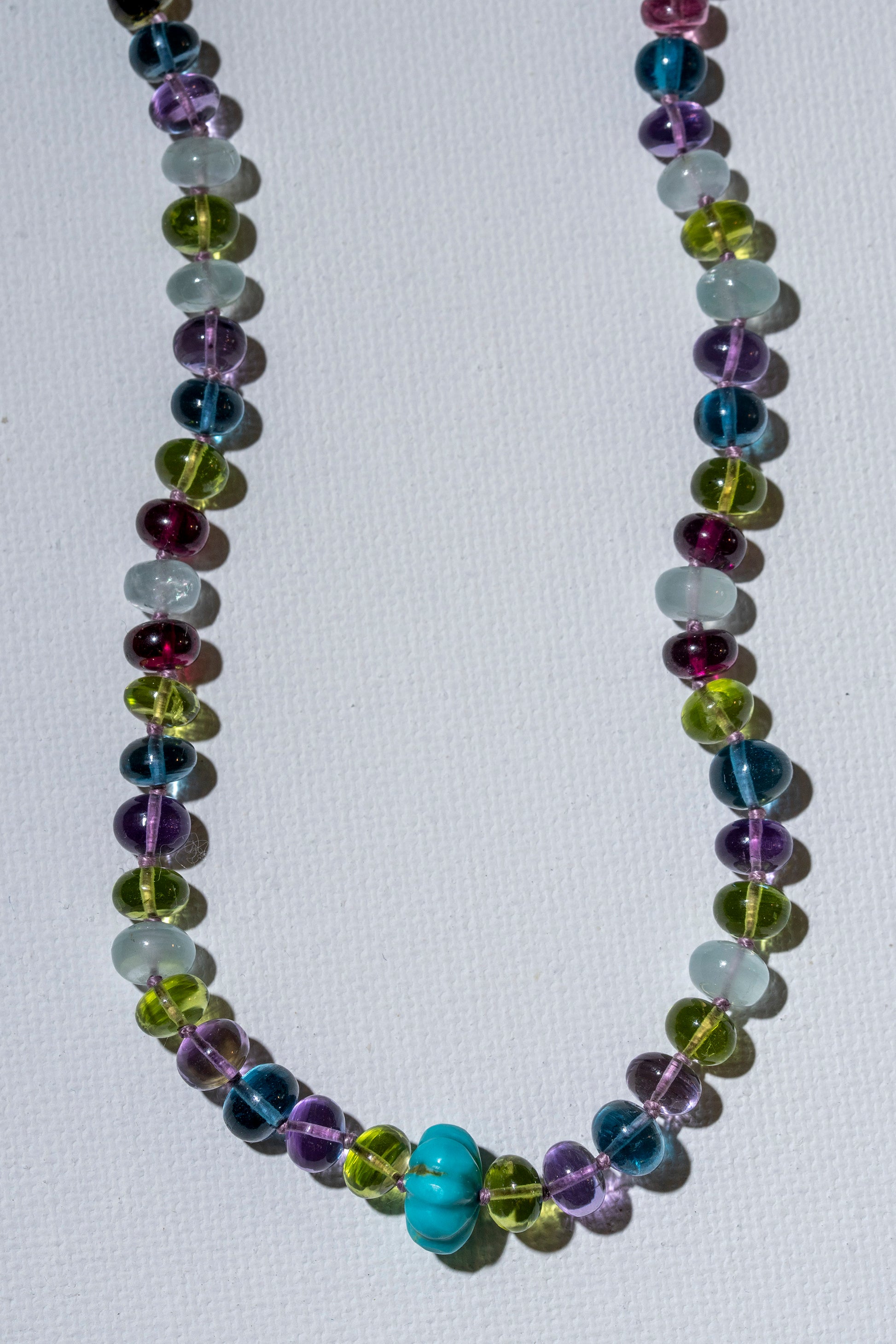 one of a kind designer knotted rainbow candy bead beaded necklace silk knotted 14k