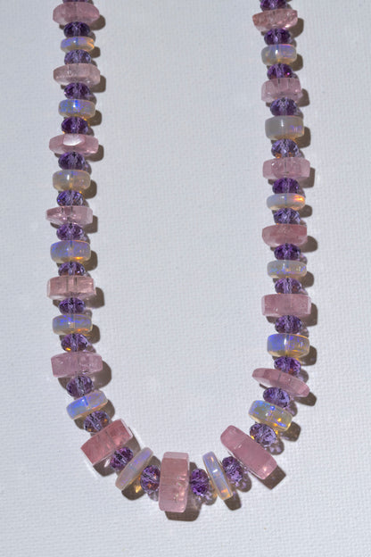 Lavender Bloom Crystal Opal, Amethyst, Morganite Beaded Necklace 14k Gold