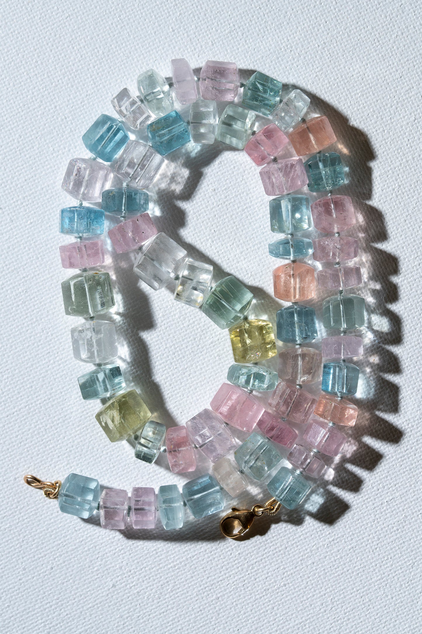 pastel multi pink blue green crystal cut gem beryl aquamarine march birthstone knotted bead necklace 14k