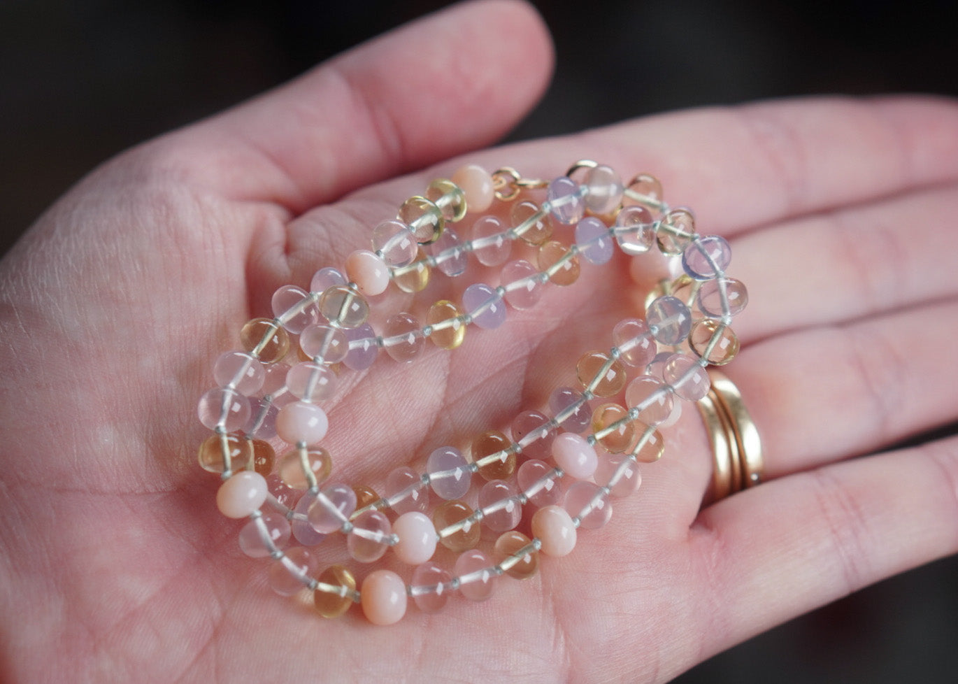 pastel pink rainbow bead knotted beaded necklace 14k solid gold quartz and pink opal one of a kind artisan jewelry