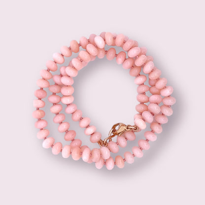 peru pink opal knotted bead strand necklace 6mm 14k gold