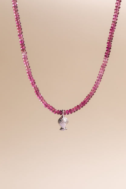 Pink Tourmaline Worry Fish Necklace Sterling Silver 17 inch, handmade by Brittany Myra Jewelry