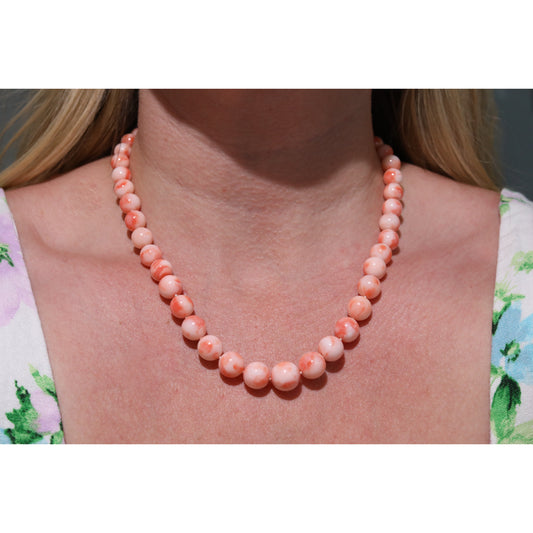 pink peach salmon angel skin coral beaded necklace knotted vintage  14k yellow gold