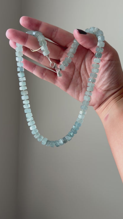 Lake Waters - Mossy Aquamarine Crystal Cut Knotted Gemstone Necklace in Sterling Silver, 14k White Gold