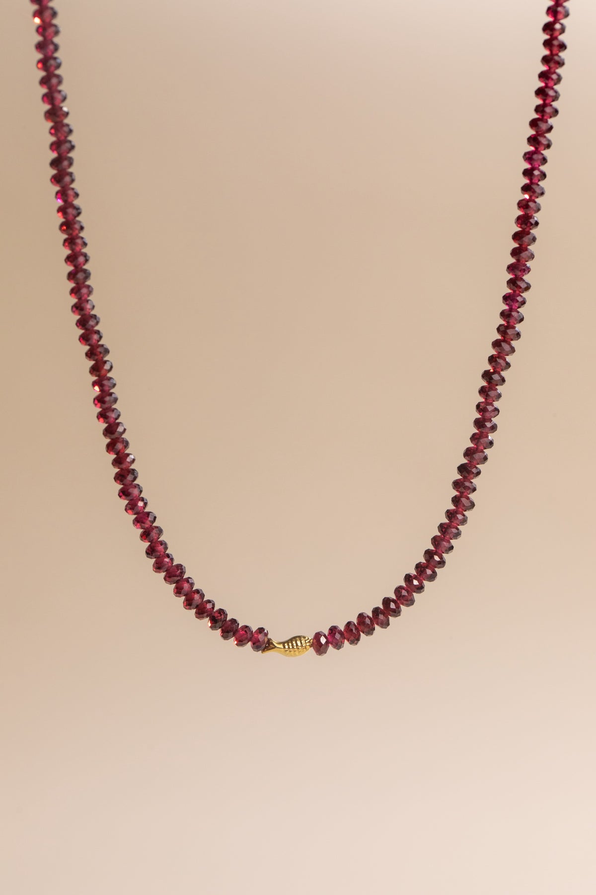 Pyrope Garnet Worry Fish Necklace 14k 16.25 inch, handmade by Brittany Myra Jewelry