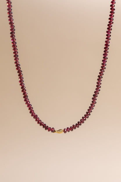 Pyrope Garnet Worry Fish Necklace 14k 16.25 inch, handmade by Brittany Myra Jewelry