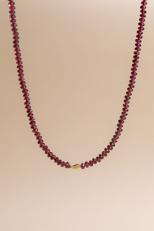 Pyrope Garnet Worry Fish Necklace 14k 16.25 inch, handmade by Brittany Myra Jewelry