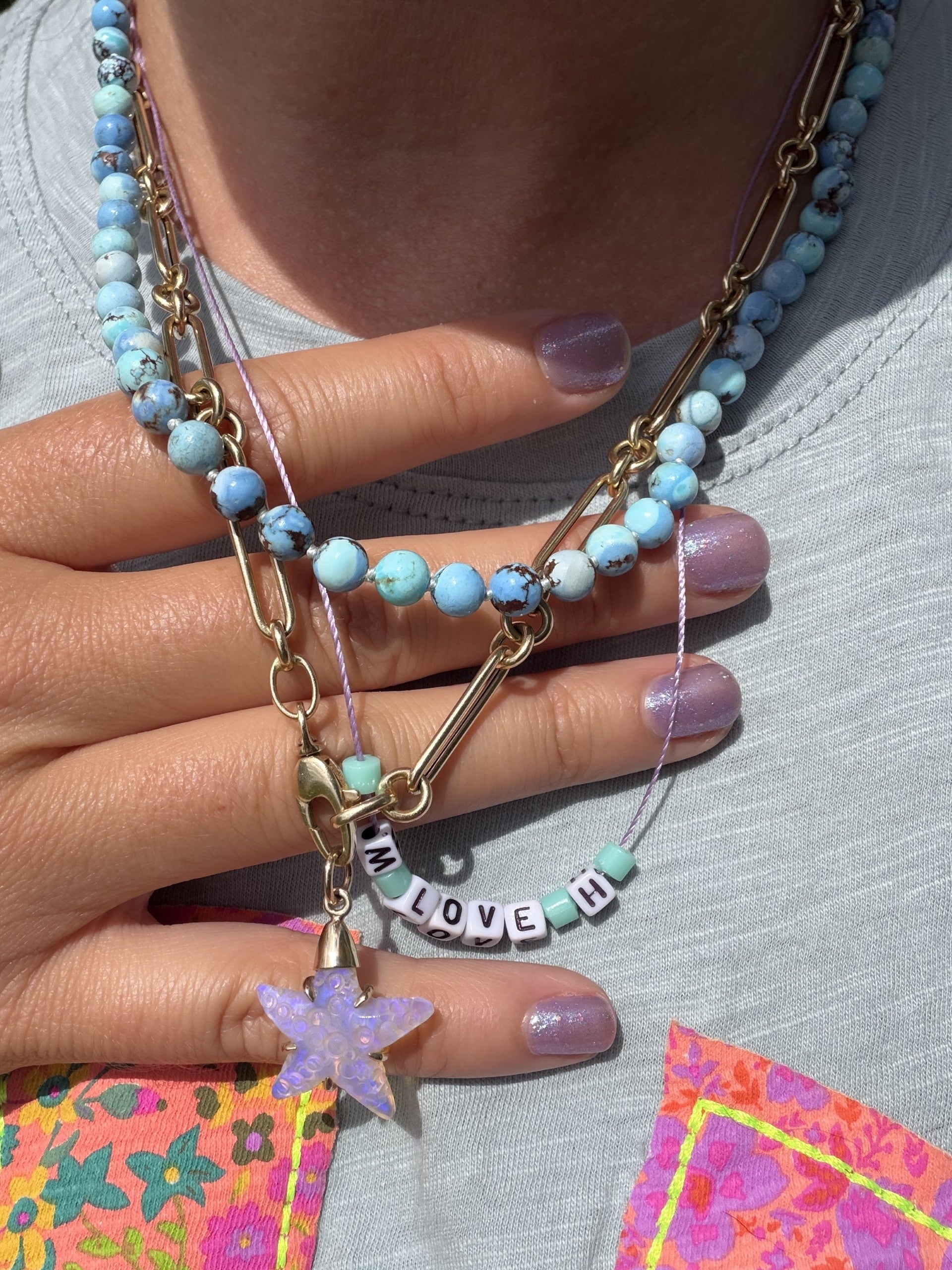 Rare Lavender Hills Kazakhstan turquoise beaded necklace in solid 14k gold