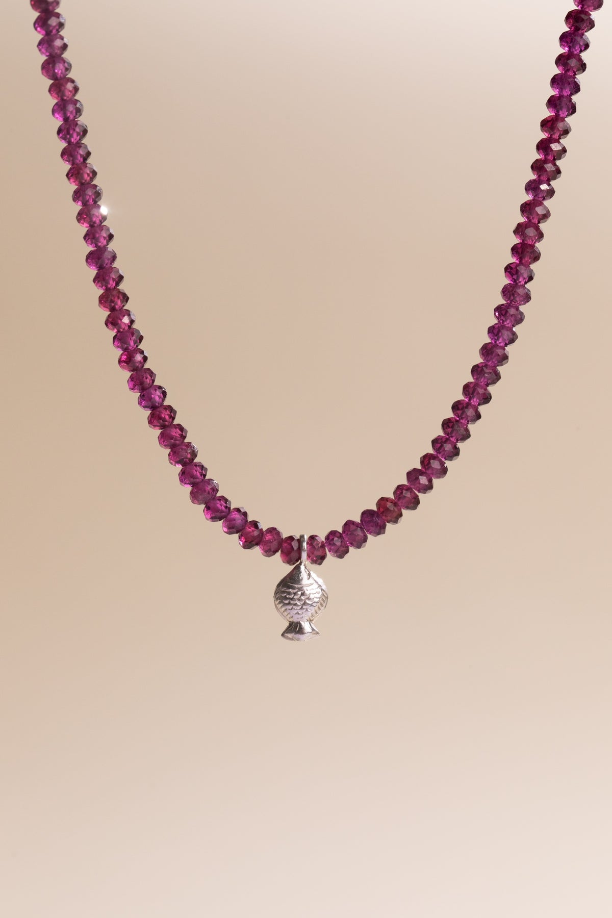 Rhodolite Garnet Worry Fish Necklace Sterling Silver 16 inch, handmade by Brittany Myra Jewelry