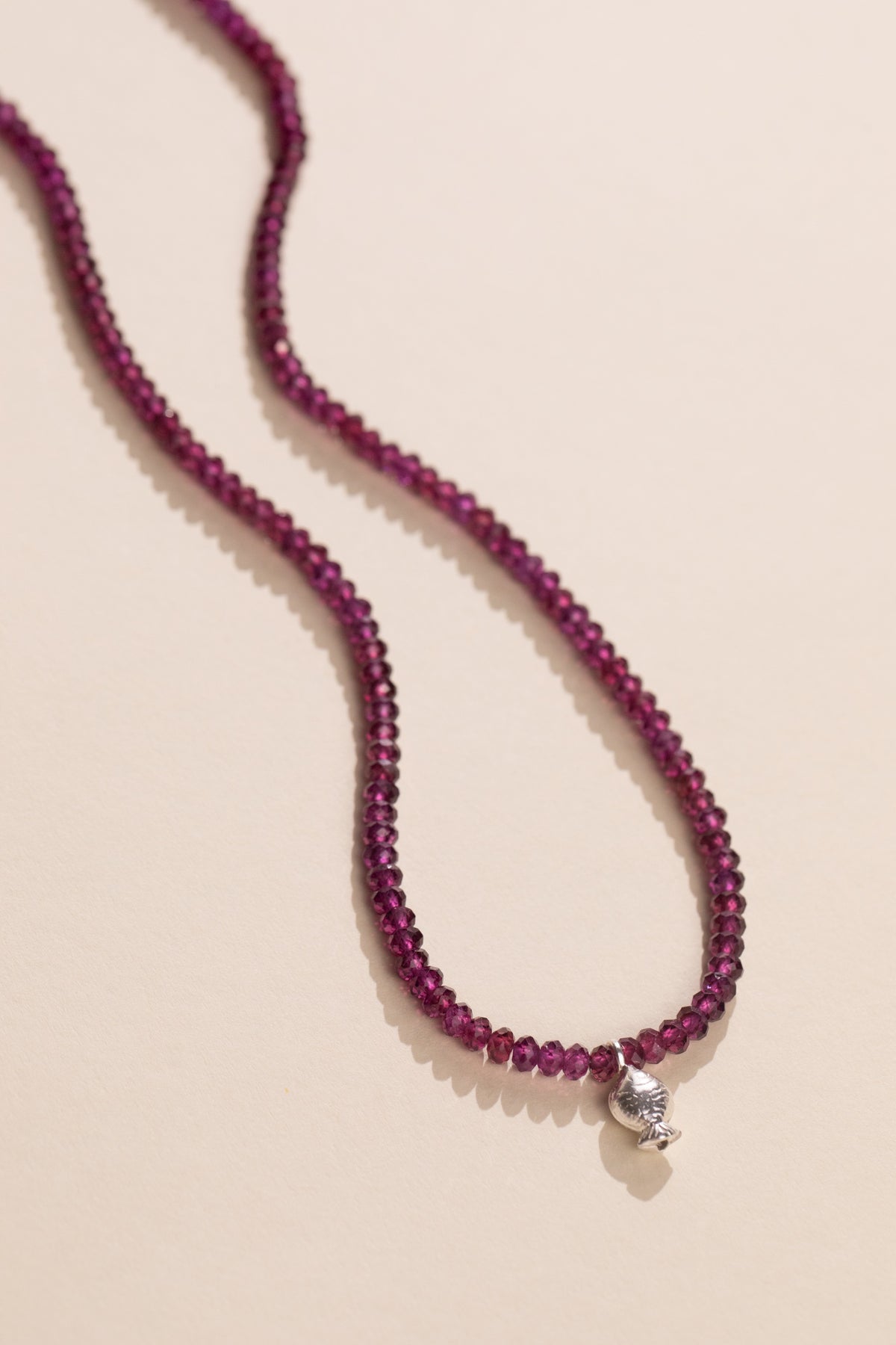 Rhodolite Garnet Worry Fish Necklace Sterling Silver, view 3