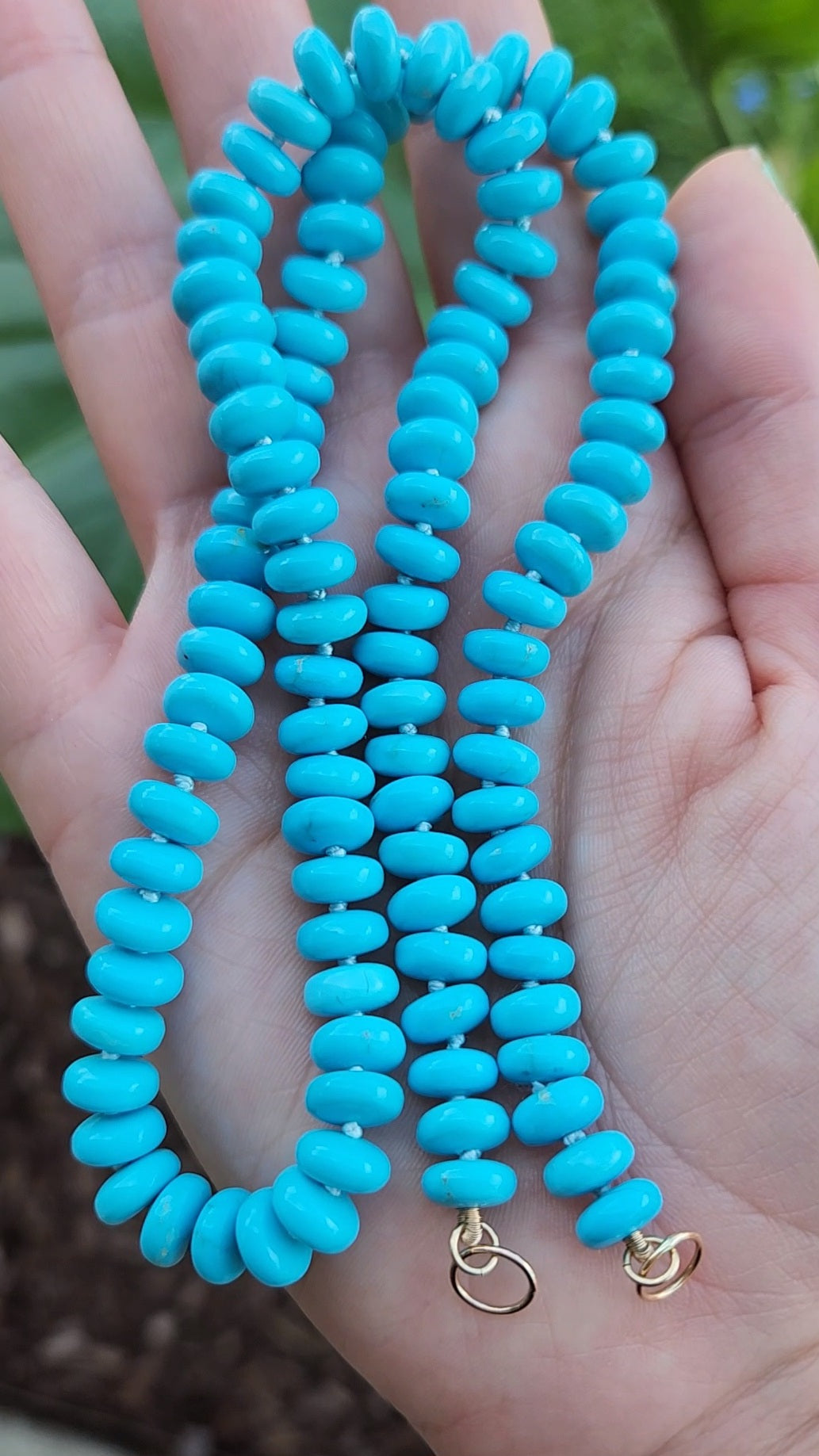 Kingman Turquoise Beaded Candy Necklace 14k Open Loops robins egg blue kingman turquoise knotted bead necklace 14k loops