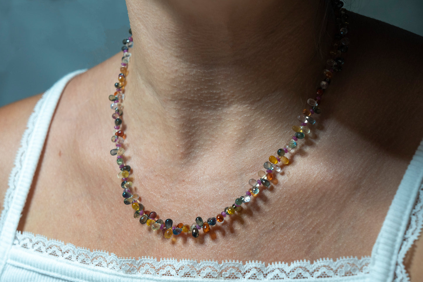 Gem Sapphire Candy Necklace with African Ruby Beads and 14k Gold