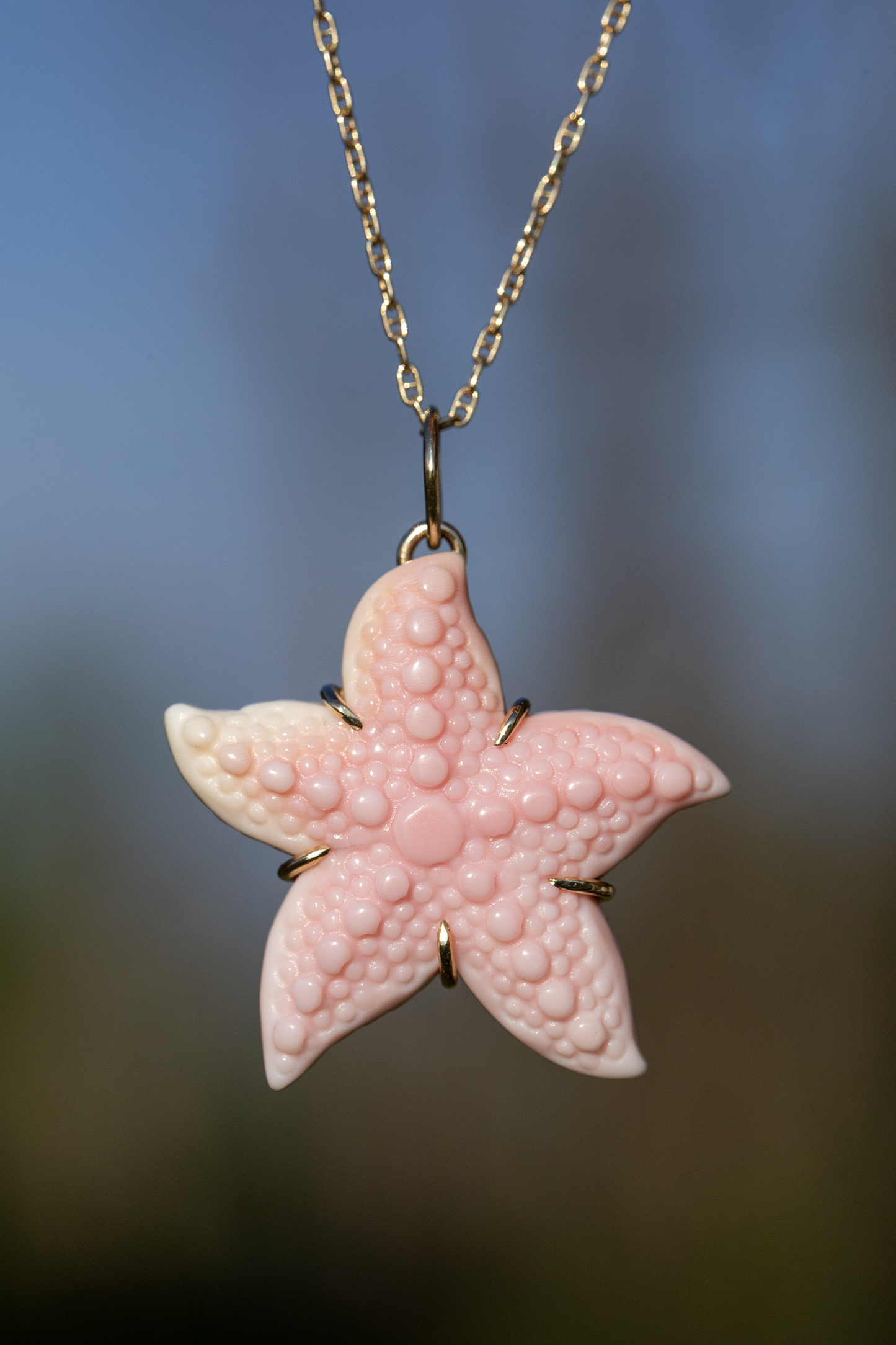 Pink starfish pendant on a chain against a blurred natural background