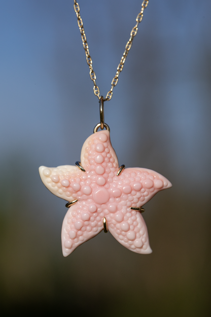 Pink starfish pendant on a chain against a blurred natural background