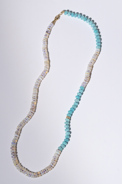 One of a Kind White Australian Opal, Blue Amazonite, and Diamond Knotted Gemstone Necklace