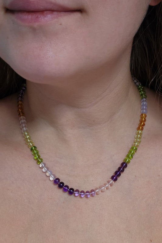 rainbow amethyst rose quartz bead candy necklace collar strand 14k gold brittany myra busy philipps