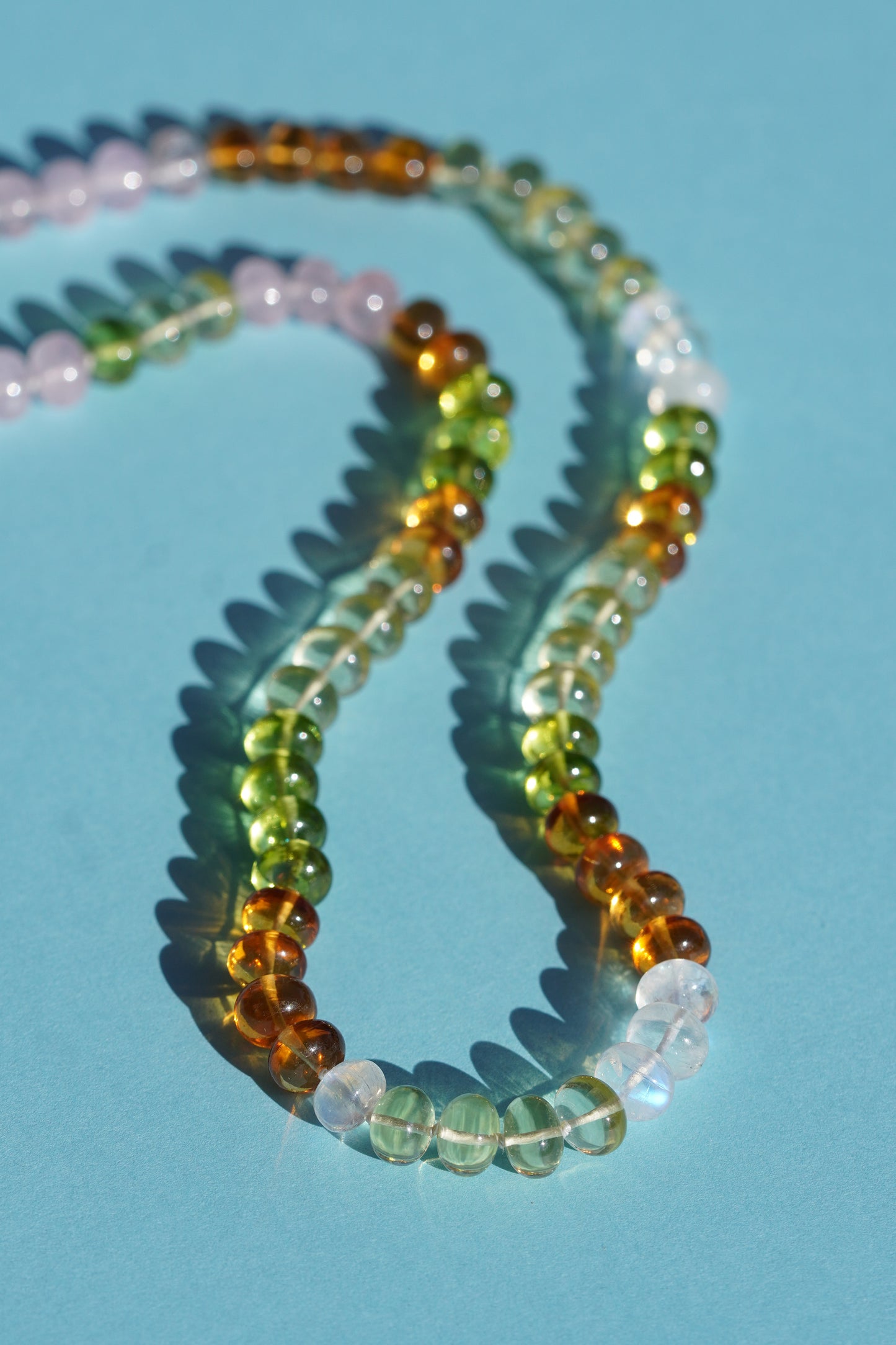 rainbow candy necklace silk knotted peridot morganite lemon quartz moonstone 14k