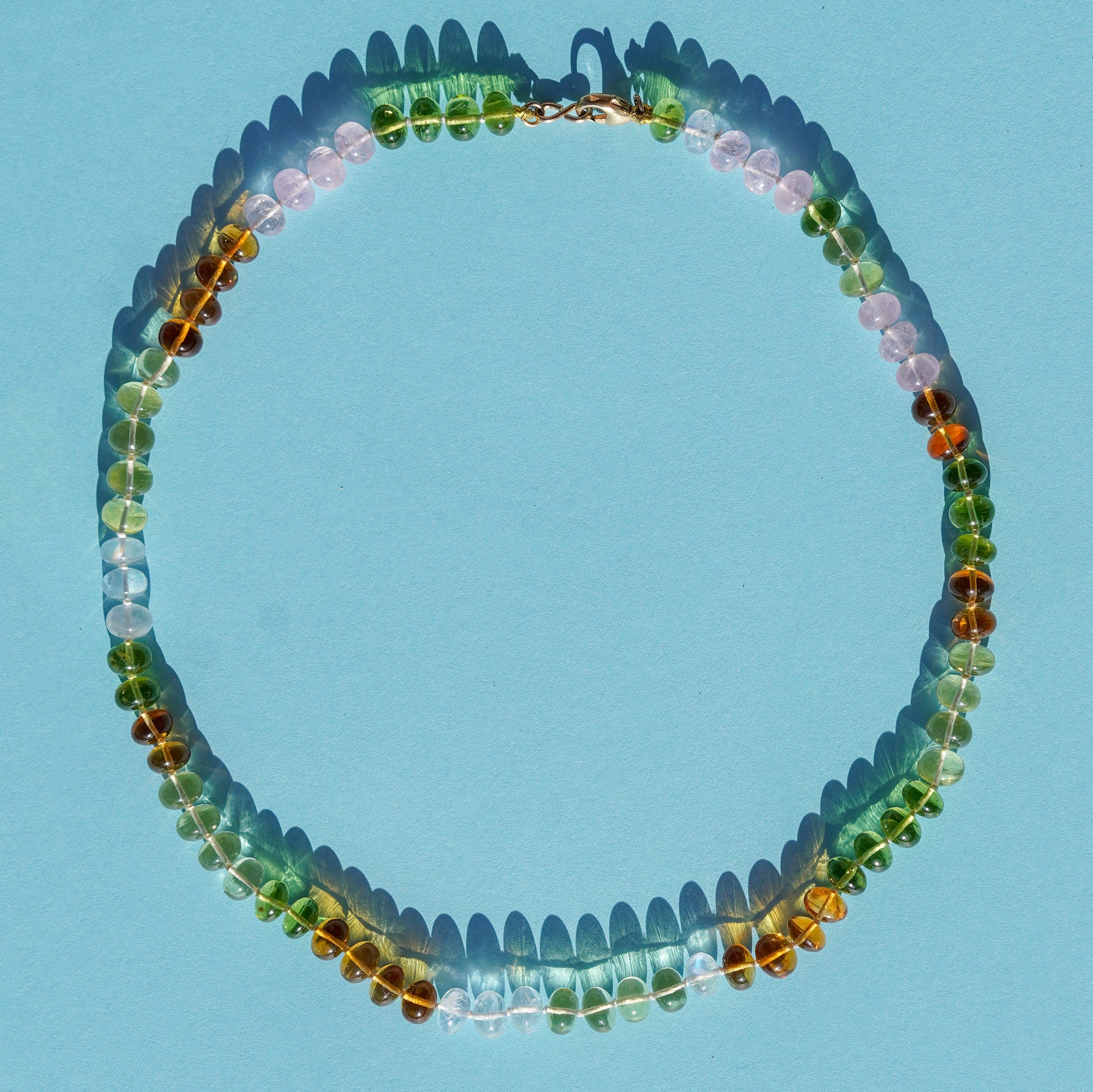 rainbow candy necklace silk knotted peridot morganite lemon quartz moonstone 14k