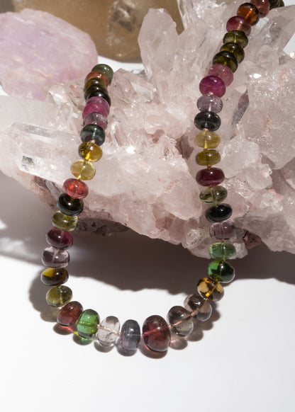 multi tourmaline knotted candy beaded necklace 14k
